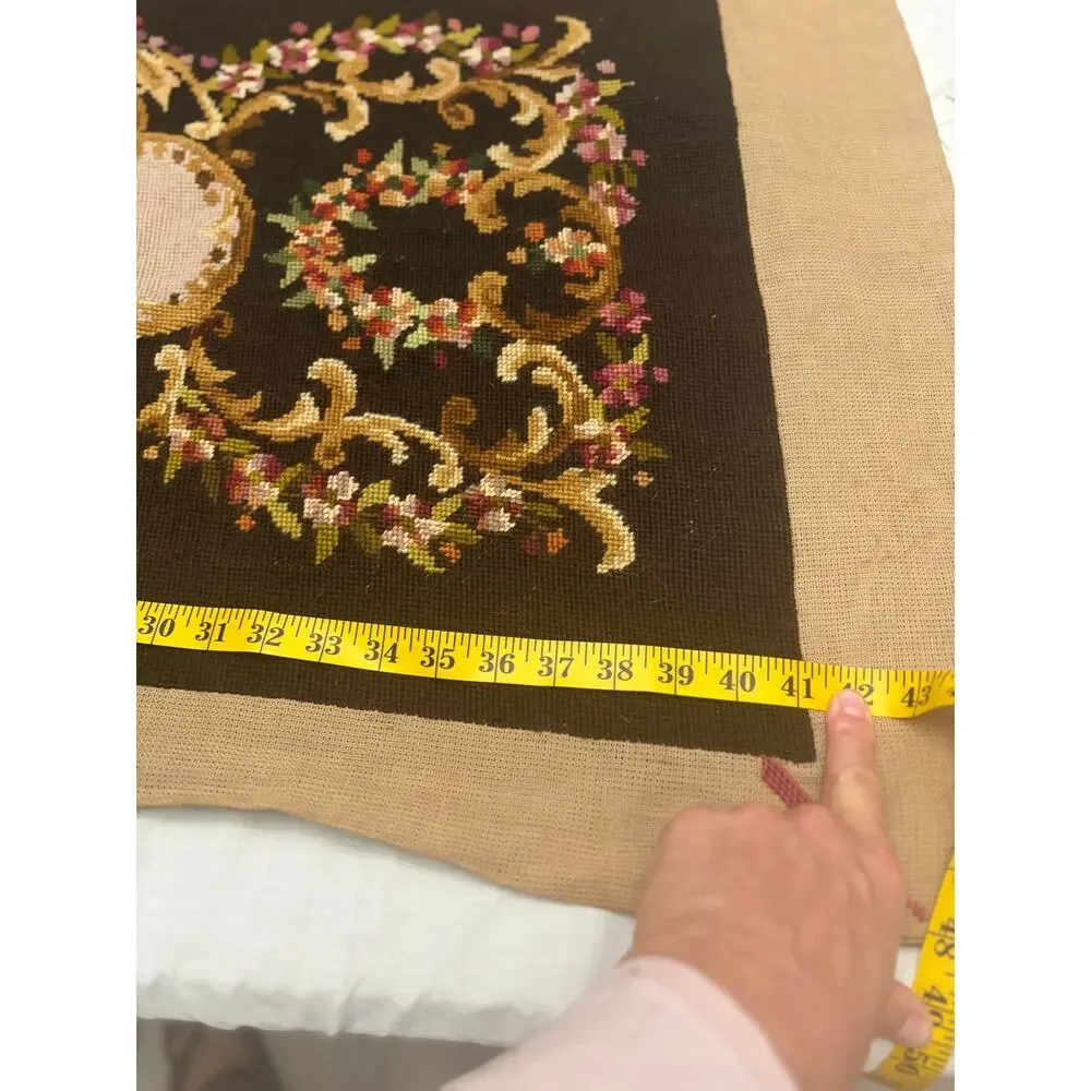 Vintage Handmade Needlepoint Embroidered Bench Top Wool Brown Pink Florals Blue